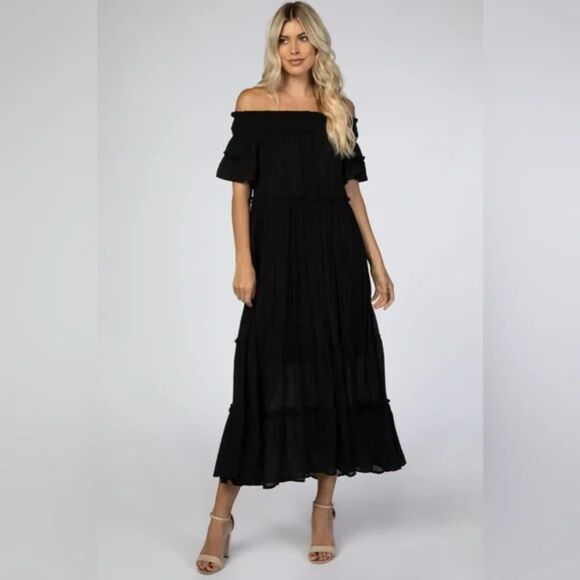 JODIFIL Tiered Off The Shoulder Maxi Dress in Black Sz M - Picture 1 of 9